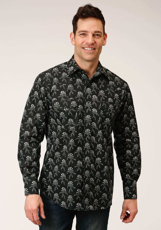 Roper Mens Long Sleeve Snap Black And Cream Floral Print Western Shirt - Roper - Flyclothing LLC