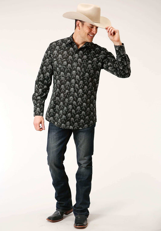 Roper Mens Long Sleeve Snap Black And Cream Floral Print Western Shirt - Roper - Flyclothing LLC