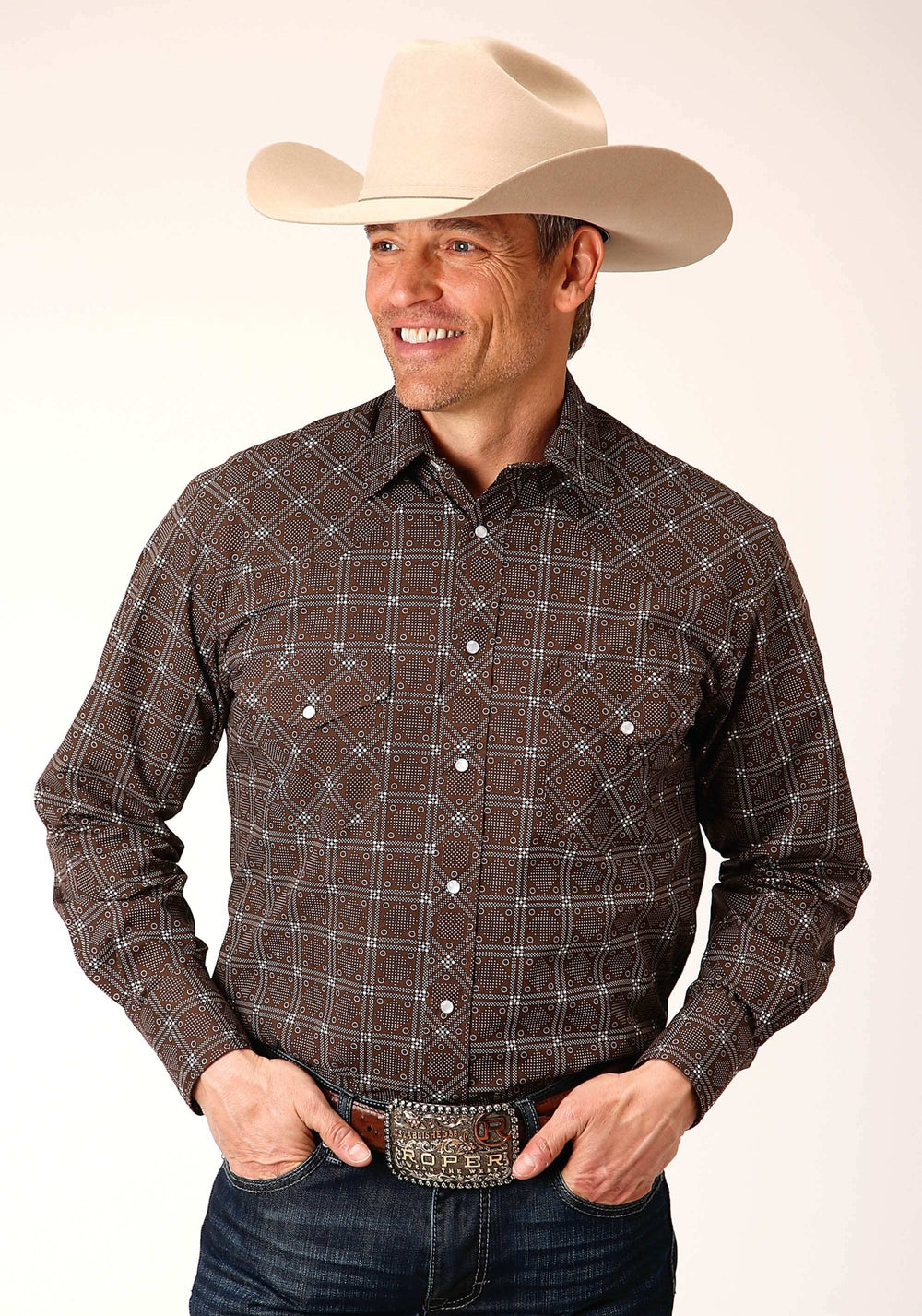 Roper Mens Long Sleeve Snap Brown White Retro Print Western Shirt - Roper - Flyclothing LLC