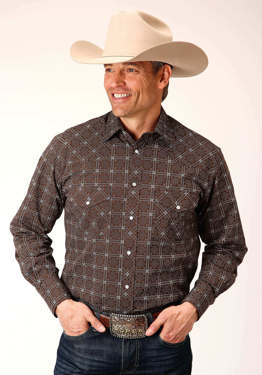 Roper Mens Long Sleeve Snap Brown White Retro Print Western Shirt - Roper - Flyclothing LLC