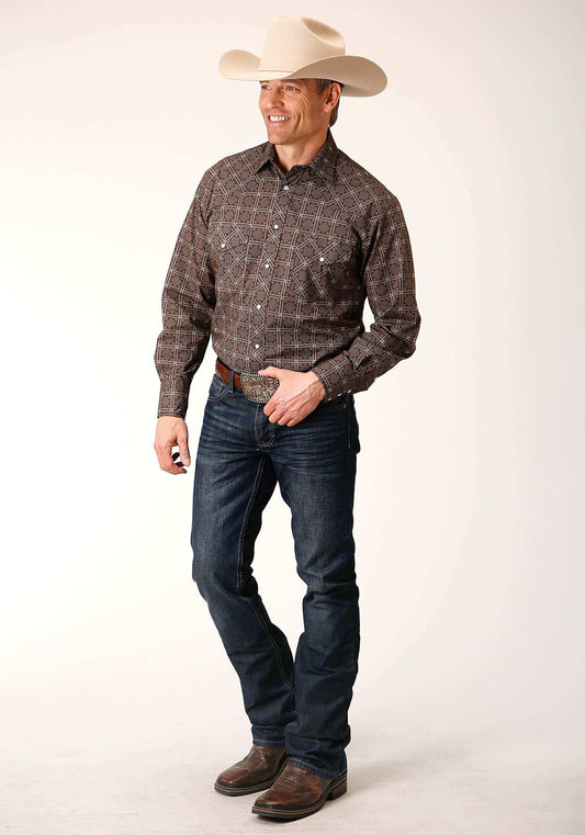Roper Mens Long Sleeve Snap Brown White Retro Print Western Shirt - Roper - Flyclothing LLC