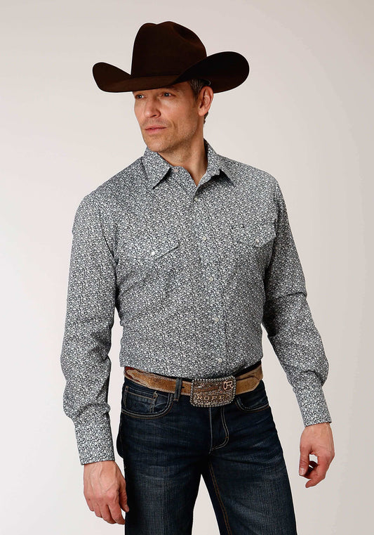 Roper Mens Long Sleeve Snap Navy And Cream Floral Print Western Shirt - Roper - Flyclothing LLC