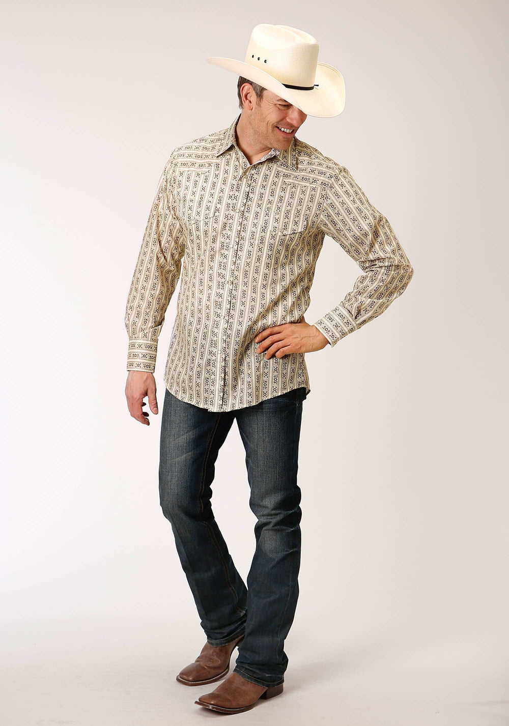 Roper Mens Long Sleeve Snap Cream And Brown Wallpaper Stripe Western Shirt - Roper - Flyclothing LLC