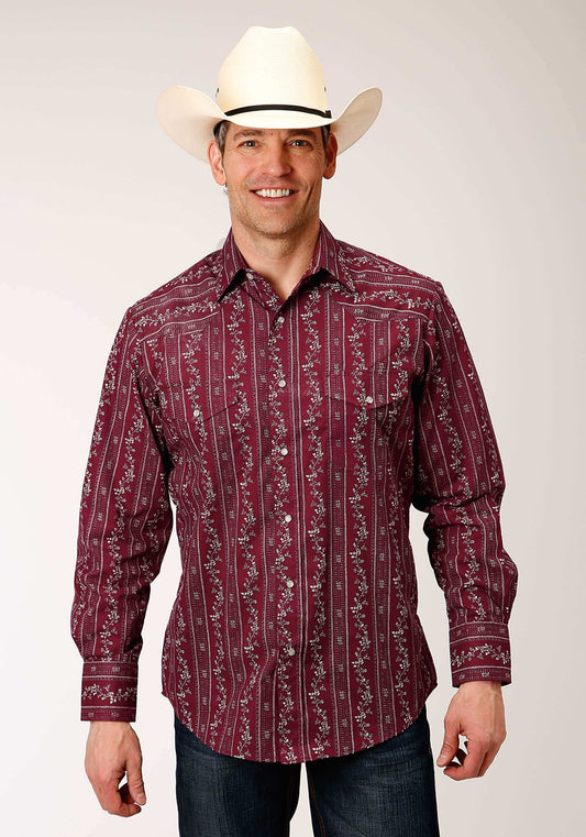 Roper Mens Long Sleeve Snap Brick Red And Cr Wallpaper Stripe Western Shirt - Roper - Flyclothing LLC