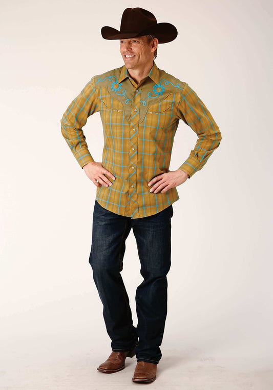 Roper Mens Long Sleeve Snap Butterscotch Turquoise Plaid Western Shirt - Roper - Flyclothing LLC
