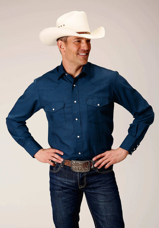 Roper Mens Long Sleeve Snap Solid Broadcloth Summer Navy Western Shirt - Roper - Flyclothing LLC
