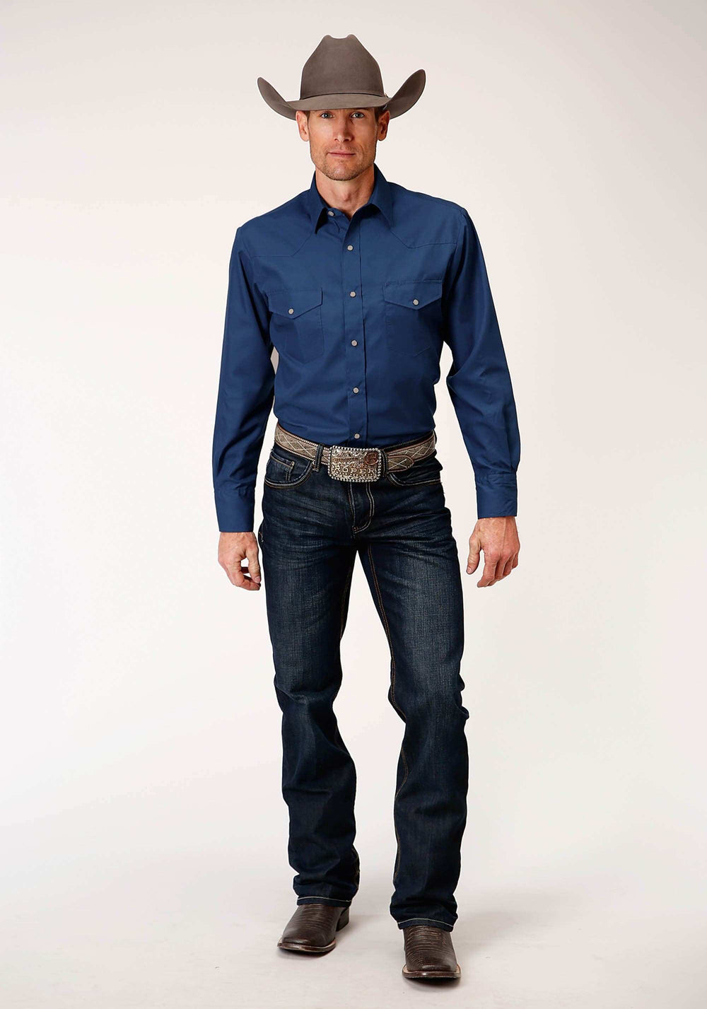 Roper Mens Long Sleeve Snap Solid Broadcloth Denim Blue Western Shirt - Roper - Flyclothing LLC