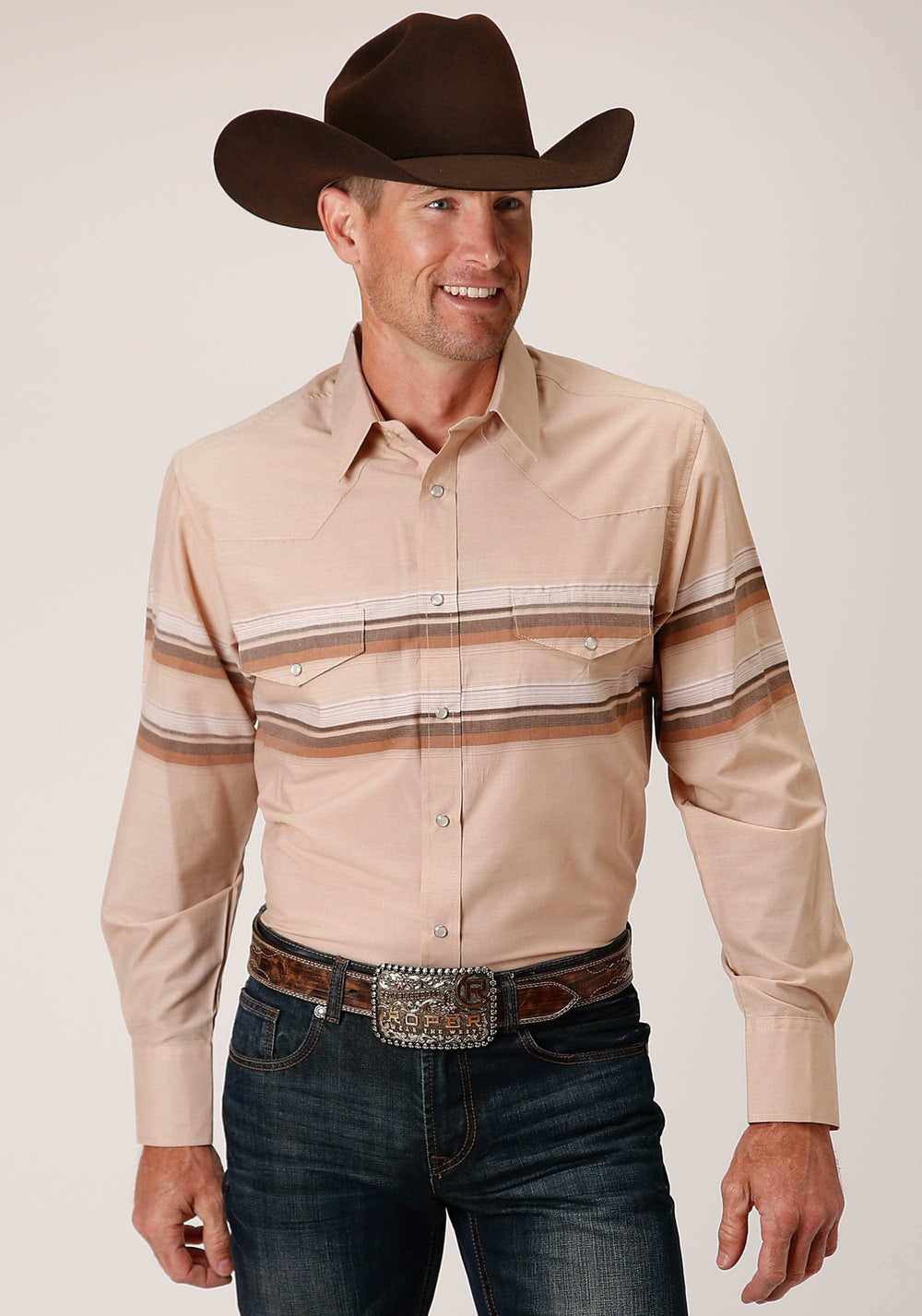 Roper Mens Long Sleeve Snap Tan And Brown Border Stripe Western Shirt - Roper - Flyclothing LLC