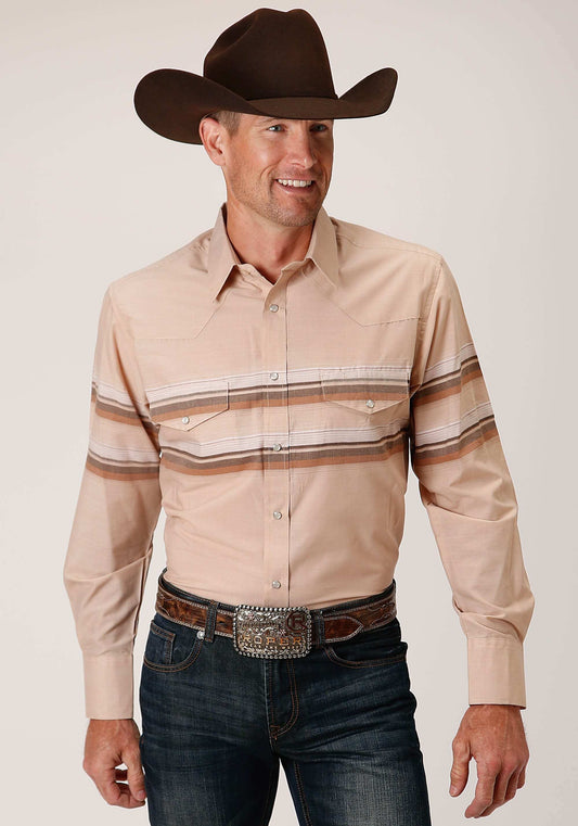 Roper Mens Long Sleeve Snap Tan And Brown Border Stripe Western Shirt - Roper - Flyclothing LLC