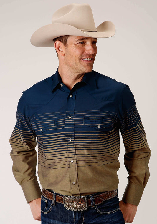Roper Mens Long Sleeve Snap Navy And Khaki Border Stripe Western Shirt - Roper - Flyclothing LLC