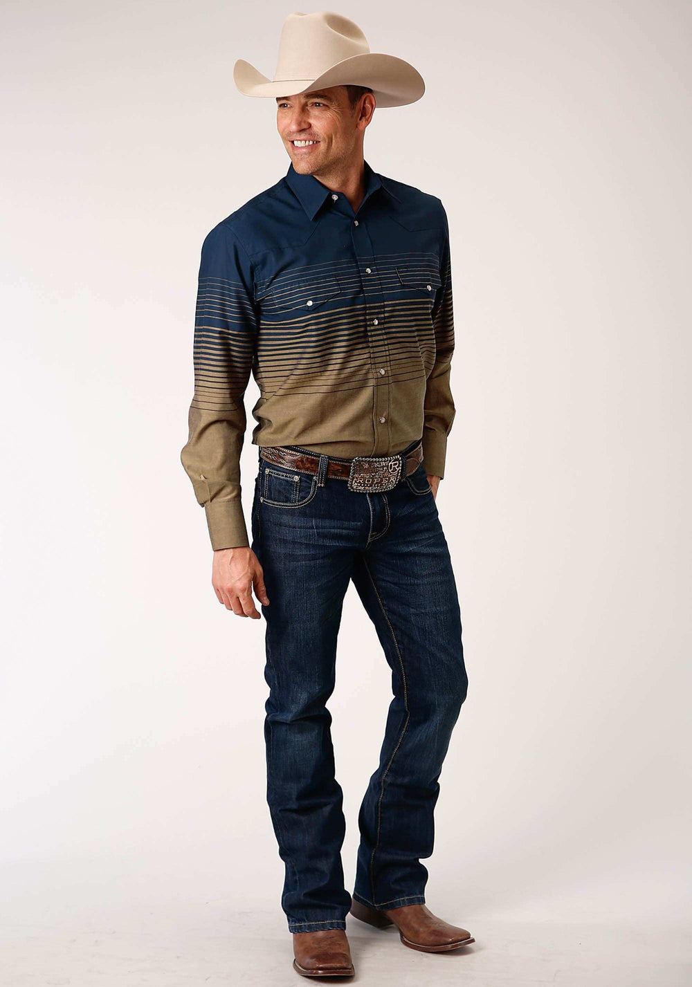 Roper Mens Long Sleeve Snap Navy And Khaki Border Stripe Western Shirt - Roper - Flyclothing LLC