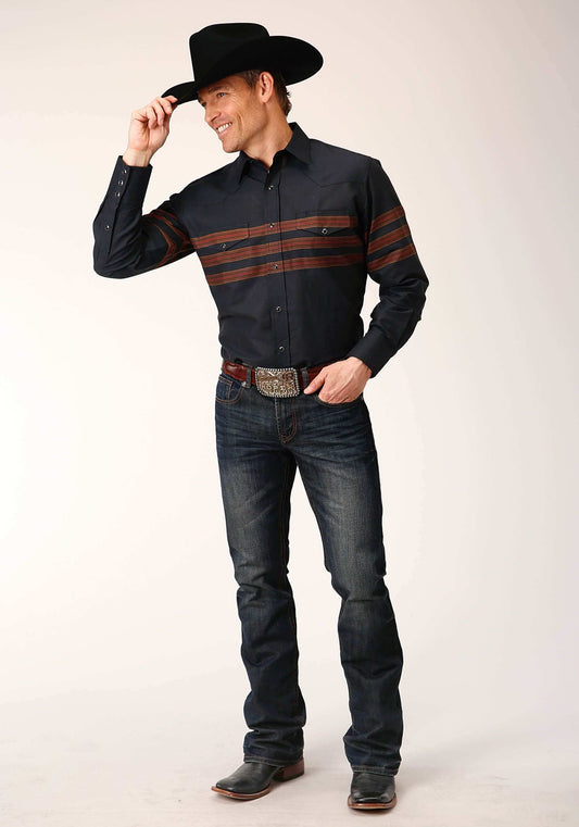 Roper Mens Long Sleeve Snap Black W Saddle Brown Border Stripe Western Shirt - Roper - Flyclothing LLC