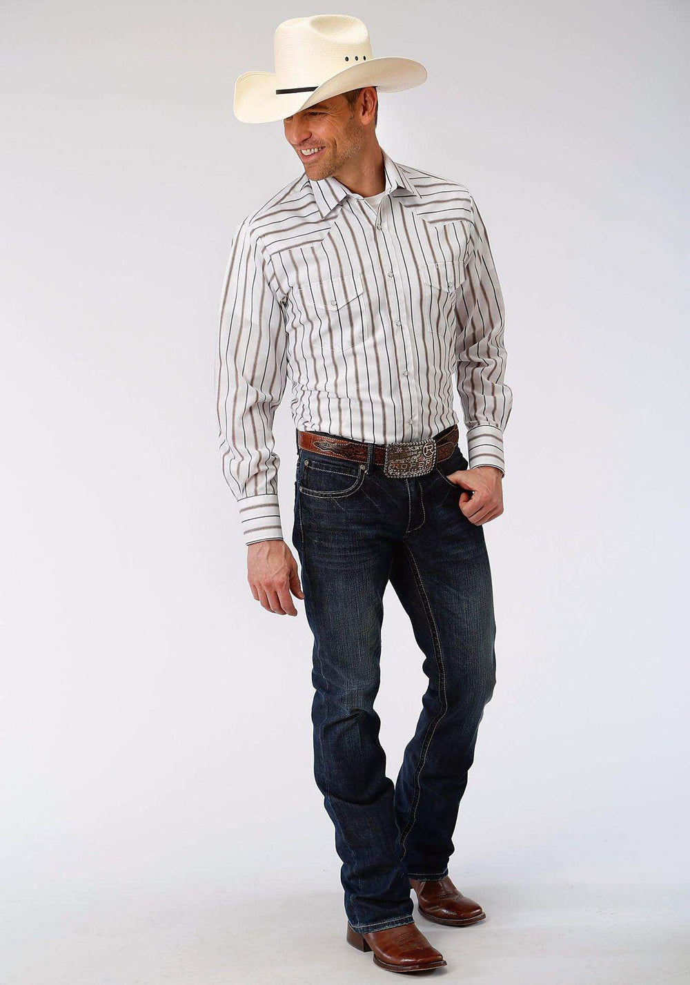 Roper Mens Brown And Grey Wide Stripe Long Sleeve Snap Western Shirt - Roper - Flyclothing LLC