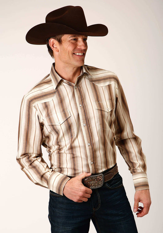 Roper Mens Long Sleeve Snap Brown And Cream Ombre Stripe Western Shirt - Roper - Flyclothing LLC