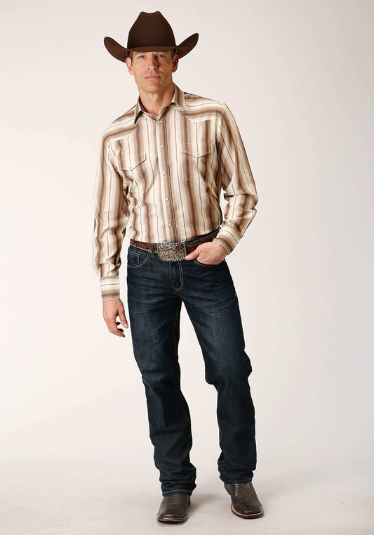 Roper Mens Long Sleeve Snap Brown And Cream Ombre Stripe Western Shirt - Roper - Flyclothing LLC