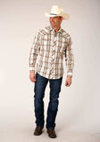 Roper Mens Long Sleeve Snap Cream Brown Green Plaid Western Shirt - Roper - Flyclothing LLC