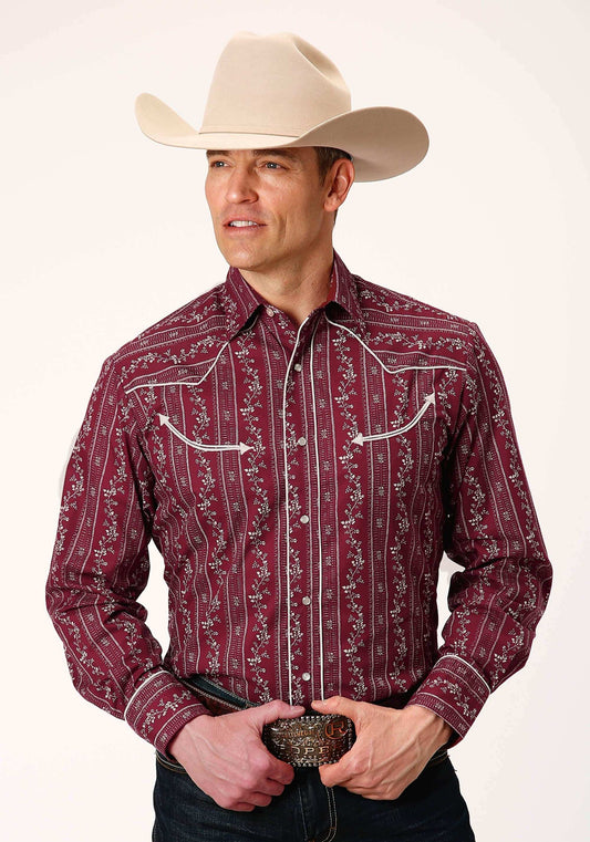 Roper Mens Long Sleeve Snap Brick Red And Cr Wallpaper Stripe Western Shirt - Roper - Flyclothing LLC
