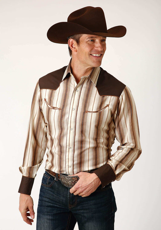 Roper Mens Long Sleeve Snap Brown And Cream Ombre Stripe Western Shirt - Roper - Flyclothing LLC