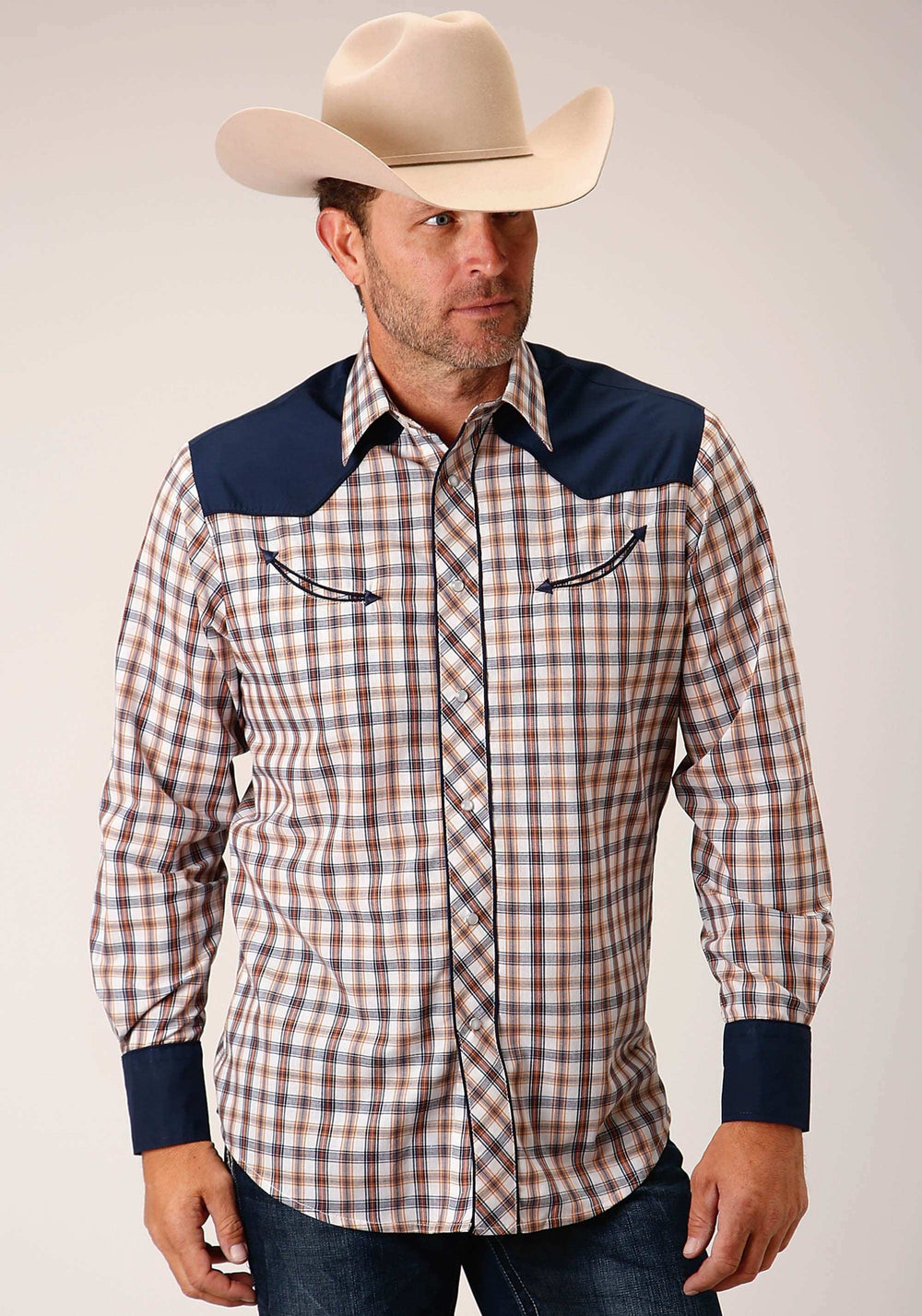 Roper Mens Long Sleeve Snap Navy Gold Rust Windowpane Plaid Western Shirt - Roper - Flyclothing LLC