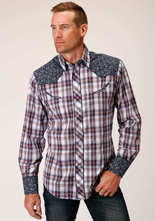 Roper Mens Long Sleeve Snap Wine Navy And White Plaid Western Shirt - Roper - Flyclothing LLC