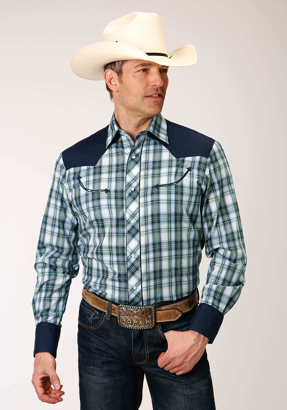 Roper Mens Long Sleeve Snap Olive Blue Cream Plaid Western Shirt - Roper - Flyclothing LLC