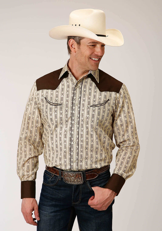 Roper Mens Long Sleeve Snap Cream And Brown Wallpaper Stripe Western Shirt - Roper - Flyclothing LLC