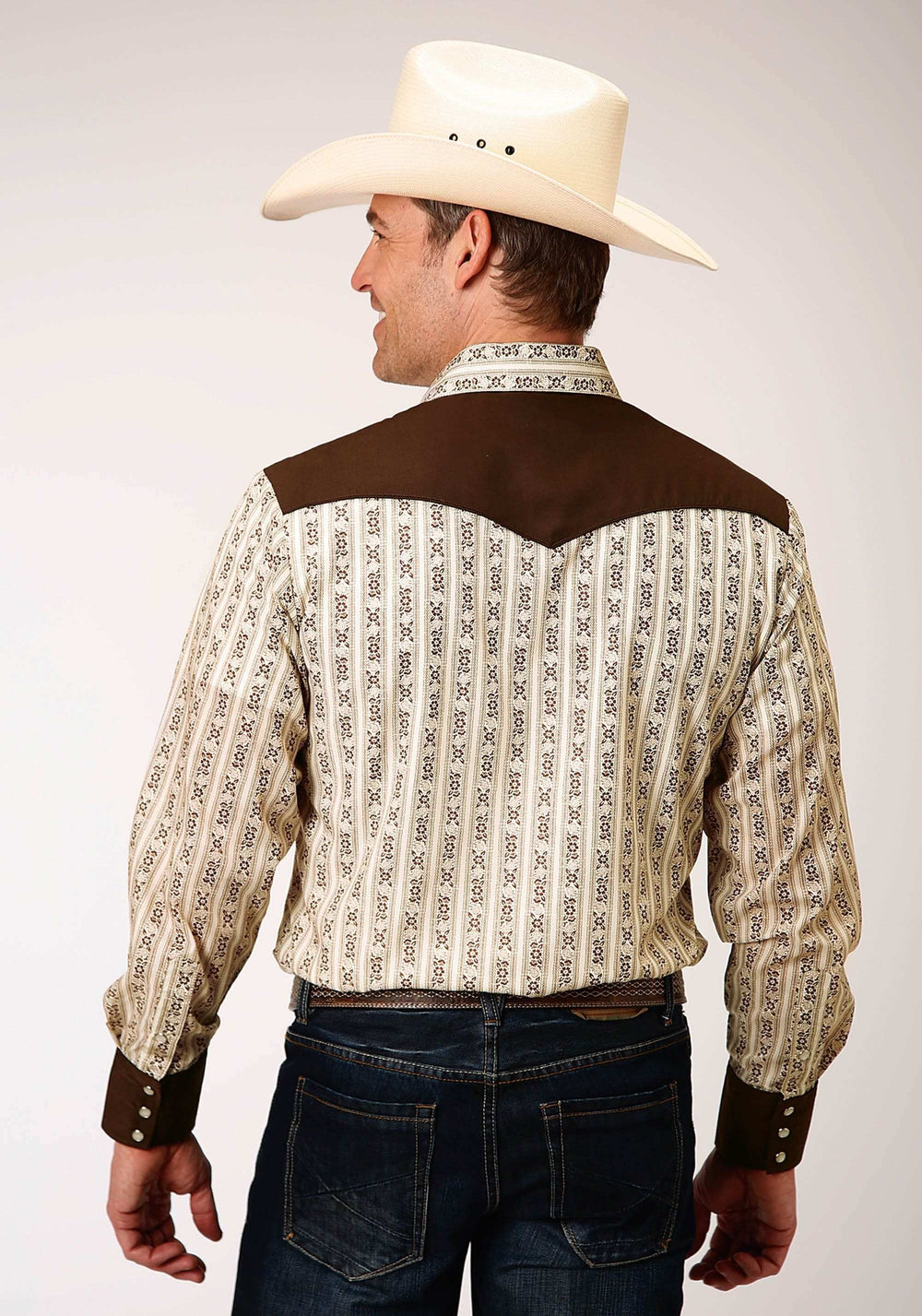 Roper Mens Long Sleeve Snap Cream And Brown Wallpaper Stripe Western Shirt - Roper - Flyclothing LLC