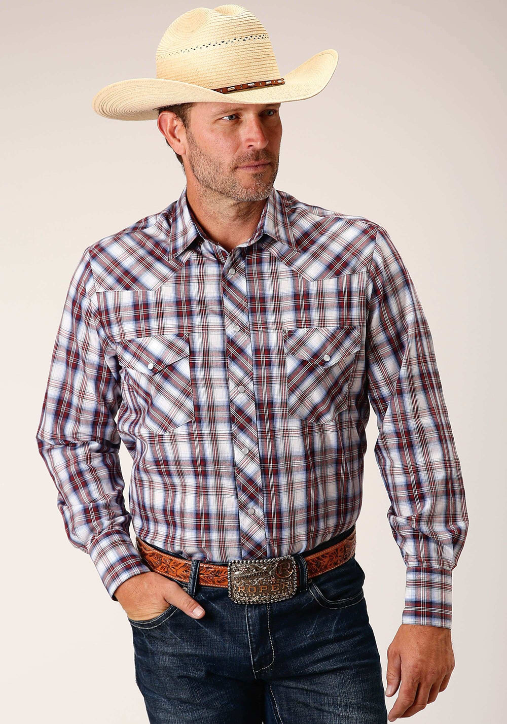 Roper Mens Long Sleeve Snap Wine Navy White Plaid Western Shirt - Roper - Flyclothing LLC
