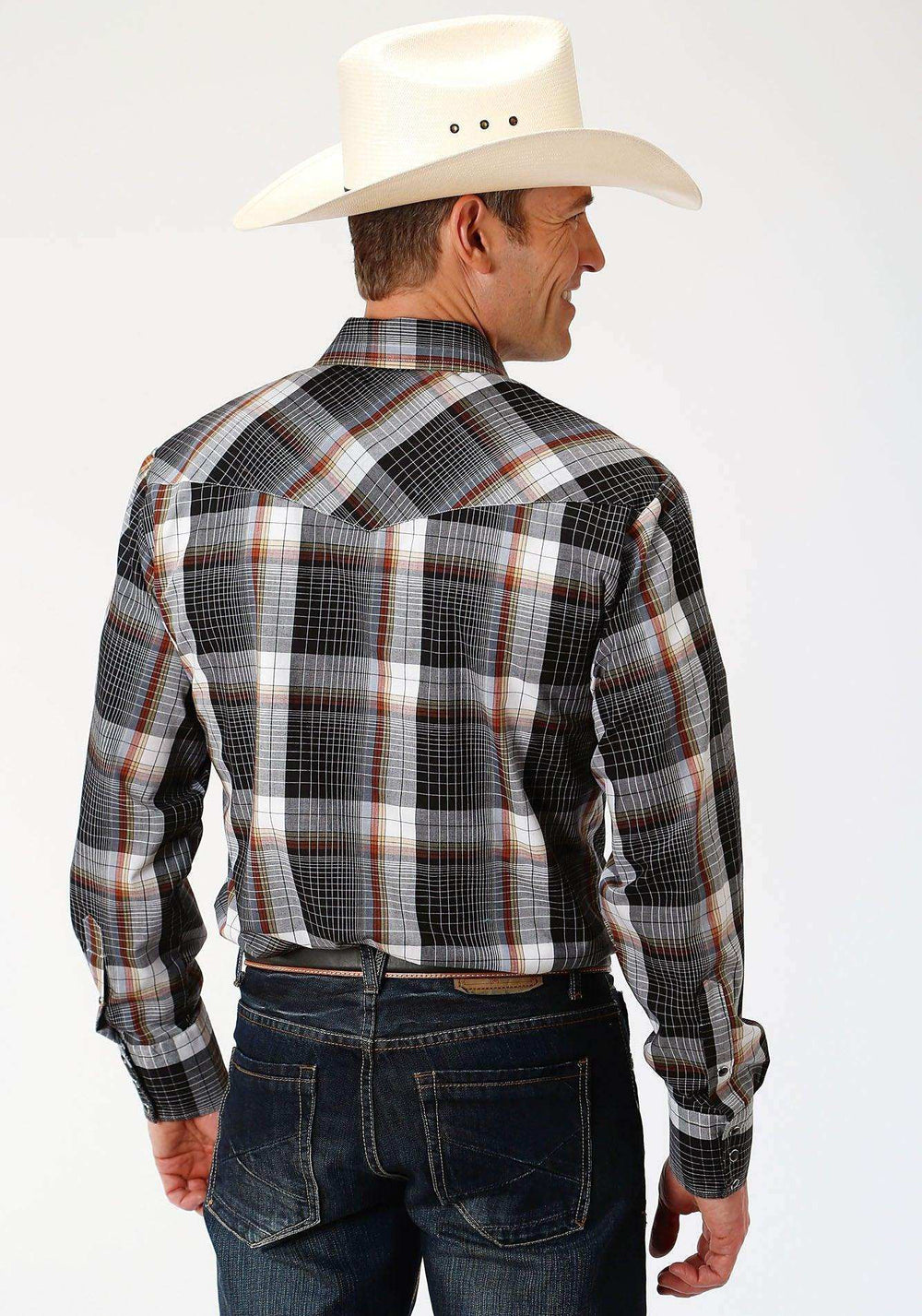 ROPER MENS BLACK WHITE AND RUST PLAID LONG SLEEVE SNAP WESTERN SHIRT - Roper - Flyclothing LLC