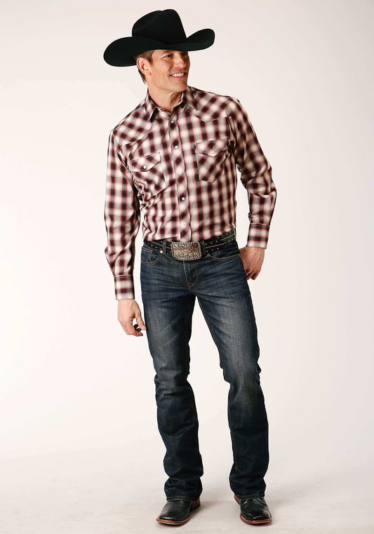 Roper Mens Long Sleeve Snap Wine Black Cream Plaid Western Shirt - Roper - Flyclothing LLC