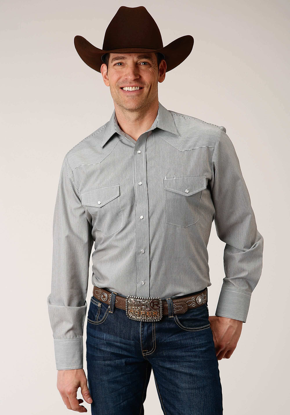 Roper Mens Long Sleeve Snap Charcoal And White Stripe Western Shirt - Roper - Flyclothing LLC
