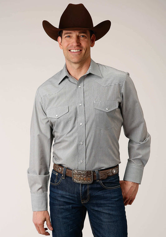 Roper Mens Long Sleeve Snap Charcoal And White Stripe Western Shirt - Roper - Flyclothing LLC