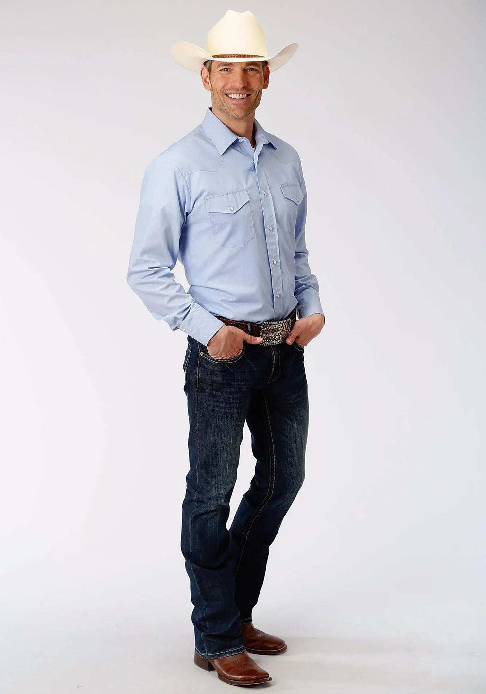 Roper Mens Blue Double Diamond Tone On Tone Long Sleeve Snap Western Shirt - Roper - Flyclothing LLC