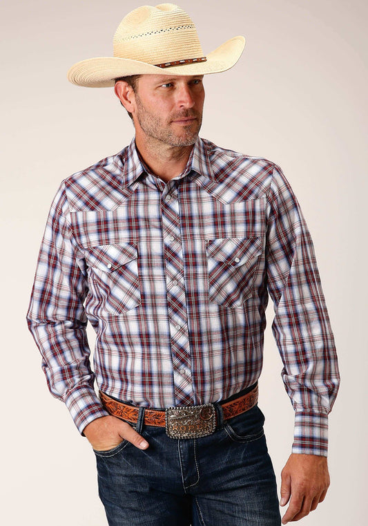 Roper Mens Long Sleeve Snap Wine Navy White Plaid Western Shirt Tall Fit - Roper - Flyclothing LLC