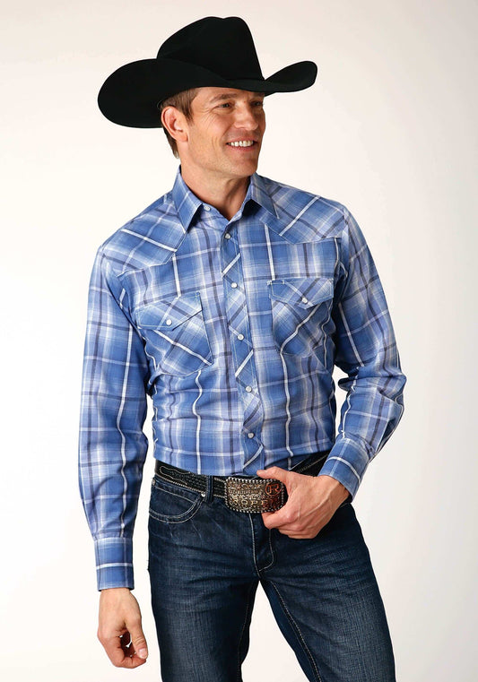 Roper Mens Long Sleeve Snap Blue White Navy Plaid Western Shirt Tall Fit - Roper - Flyclothing LLC