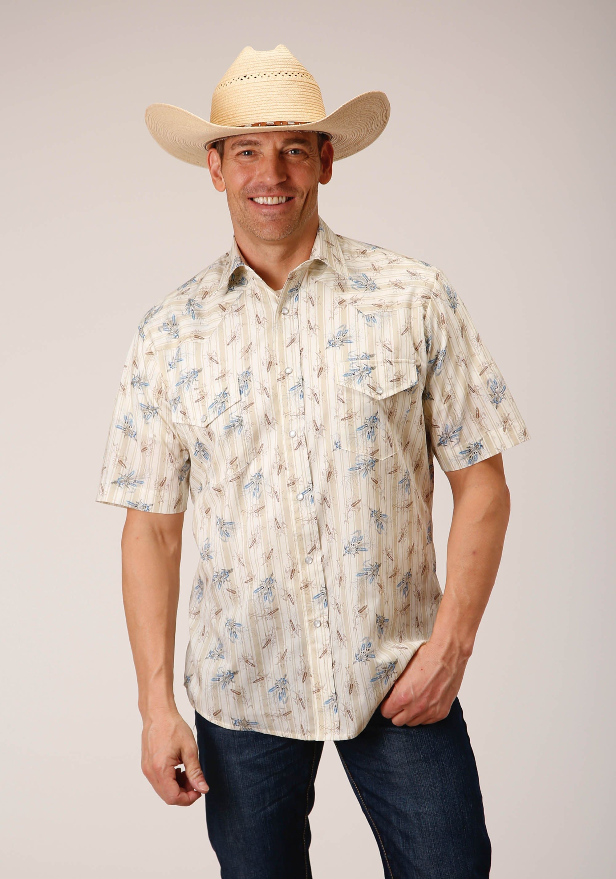 Roper Mens Short Sleeve Snap Vintage Wheat Print Western Shirt Flyclothing LLC