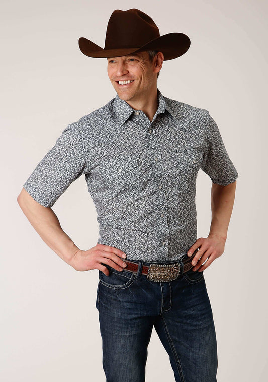 Roper Mens Short Sleeve Snap Navy And Cream Floral Print Western Shirt - Roper - Flyclothing LLC
