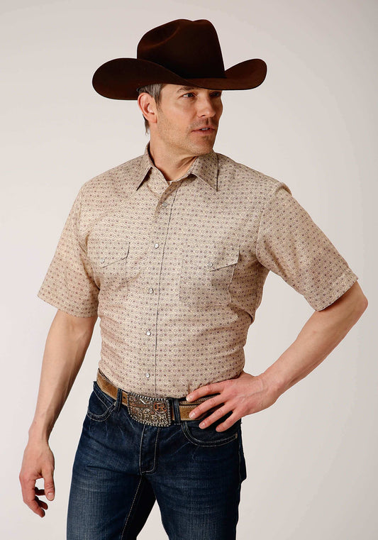 Roper Mens Short Sleeve Snap Beige And Rust Vintage Floral Print Western Shirt - Roper - Flyclothing LLC
