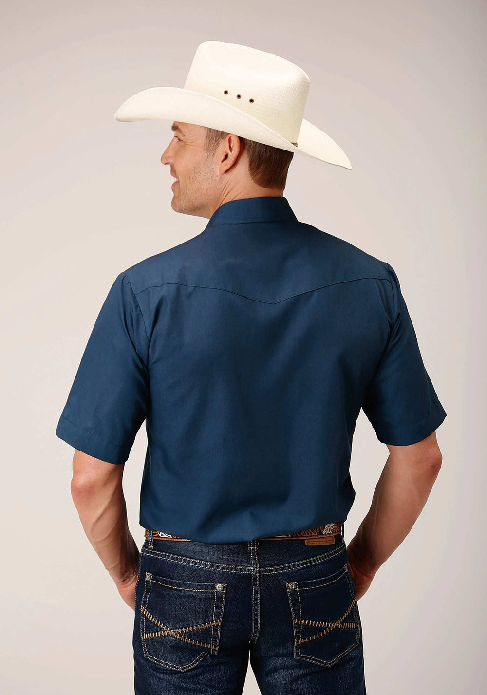 Roper Mens Short Sleeve Snap Solid Broadcloth Summer Navy Western Shirt - Roper - Flyclothing LLC
