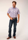 Roper Mens Short Sleeve Snap White Berry Light Blue Plaid Western Shirt - Roper - Flyclothing LLC