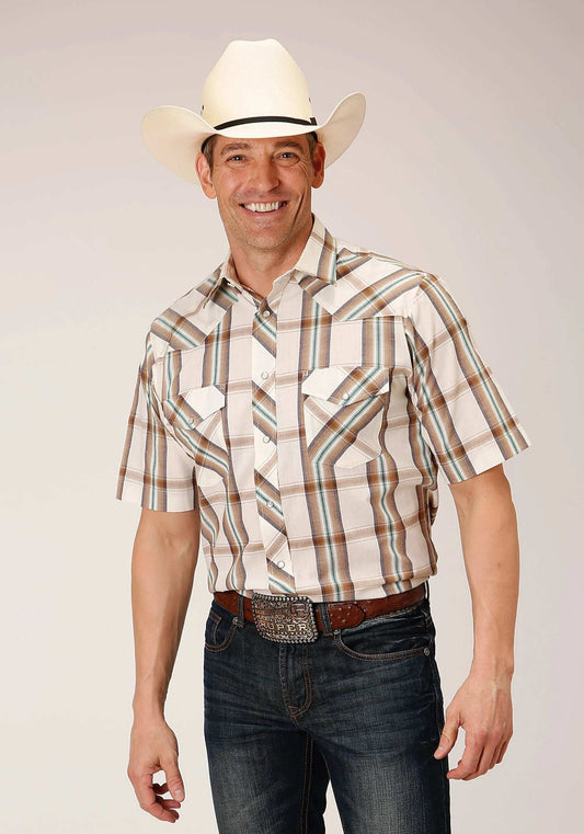 Roper Mens Short Sleeve Snap Cream Brown Green Lg Scale Plaid Western Shirt - Roper - Flyclothing LLC