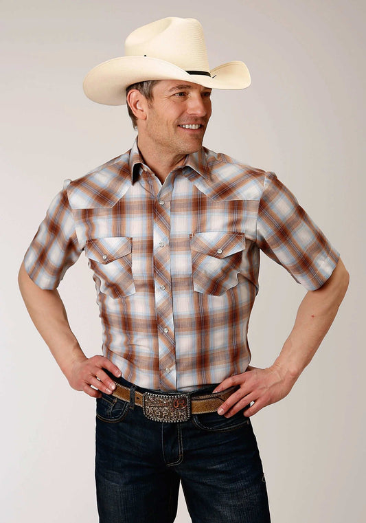 Roper Mens Short Sleeve Snap Butterscotch Light Blue And Cream Plaid Western Shirt - Roper - Flyclothing LLC