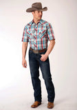 Roper Mens Short Sleeve Snap Cream Turquoise Red Black Plaid Western Shirt - Roper - Flyclothing LLC