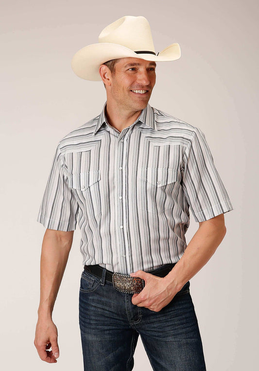 Roper Mens Short Sleeve Snap Ltgy Charcoal White Stripe Western Shirt - Roper - Flyclothing LLC