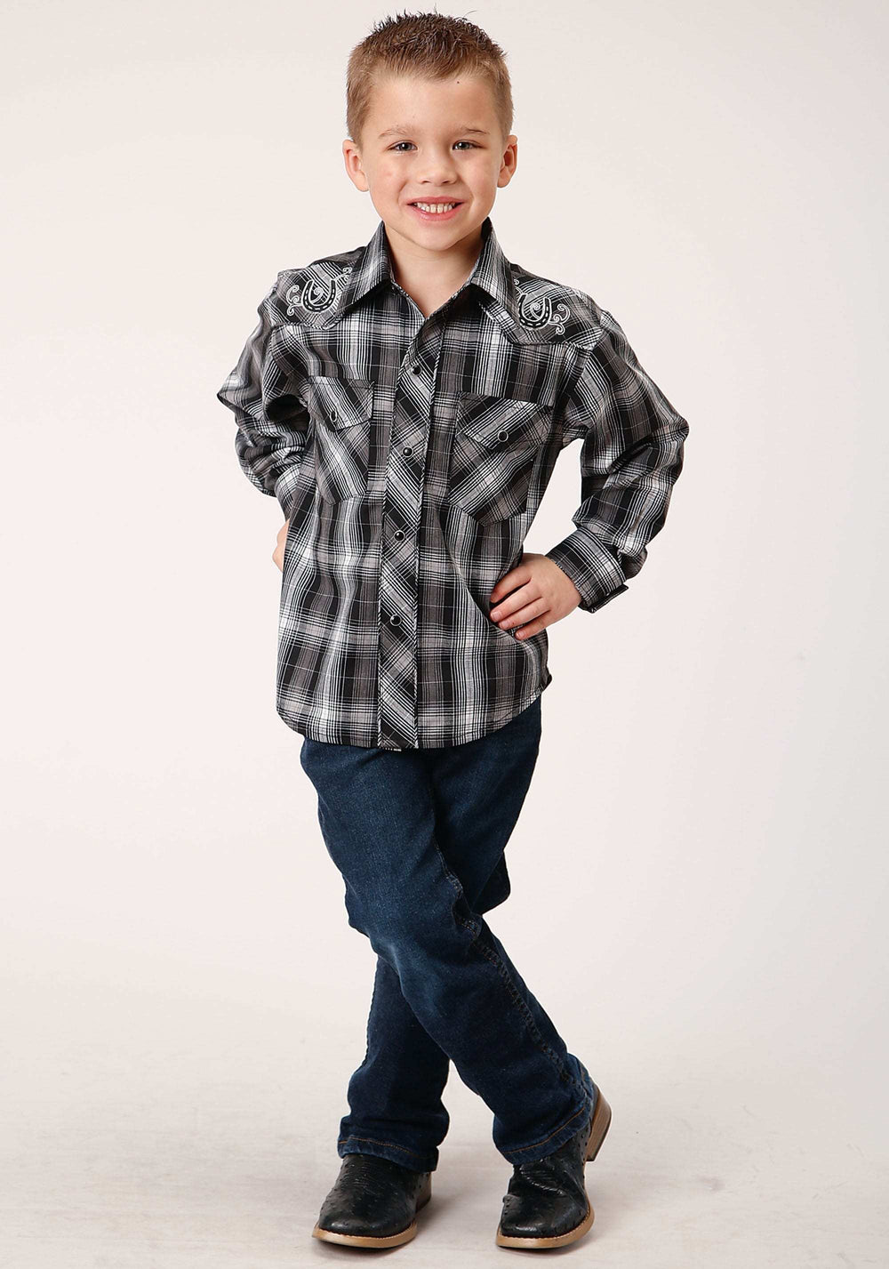 Roper Boys Long Sleeve Snap Black And White Plaid Western Shirt - Roper - Flyclothing LLC