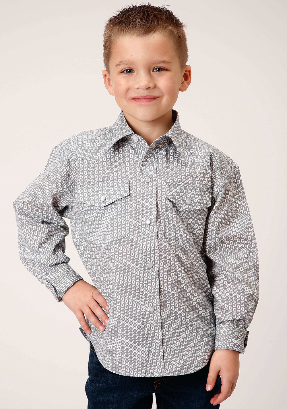 Roper Boys Long Sleeve Snap Grey And White Print Western Shirt - Roper - Flyclothing LLC