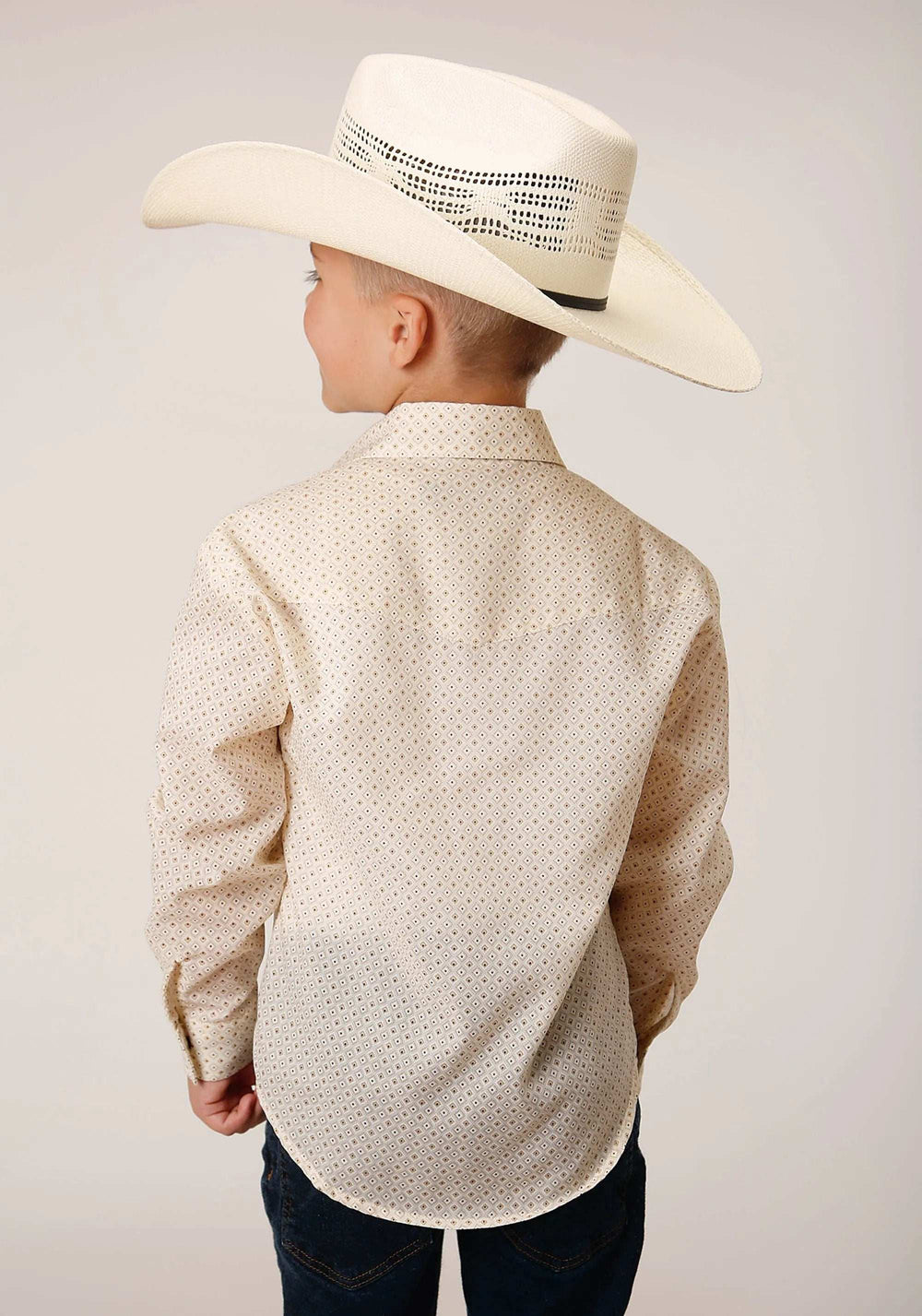 Roper Boys Long Sleeve Snap Cream Diamond Print Western Shirt - Roper - Flyclothing LLC