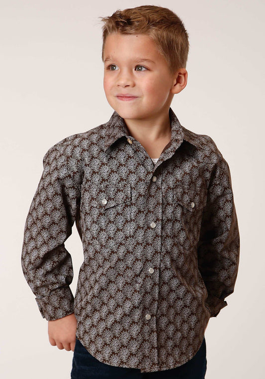 Roper Boys Long Sleeve Snap Chocolate And Cream Tear Drop Print Western Shirt - Roper - Flyclothing LLC