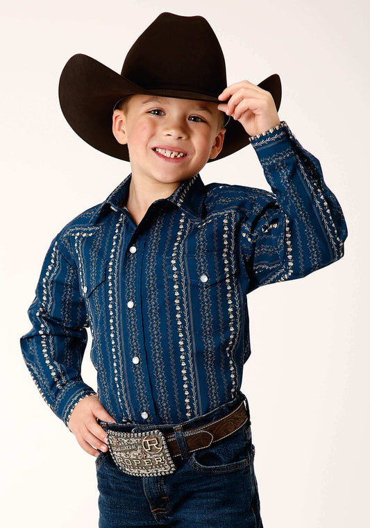 Roper Boys Long Sleeve Snap Navy Khaki Floral Wallpaper Print Western Shirt - Roper - Flyclothing LLC