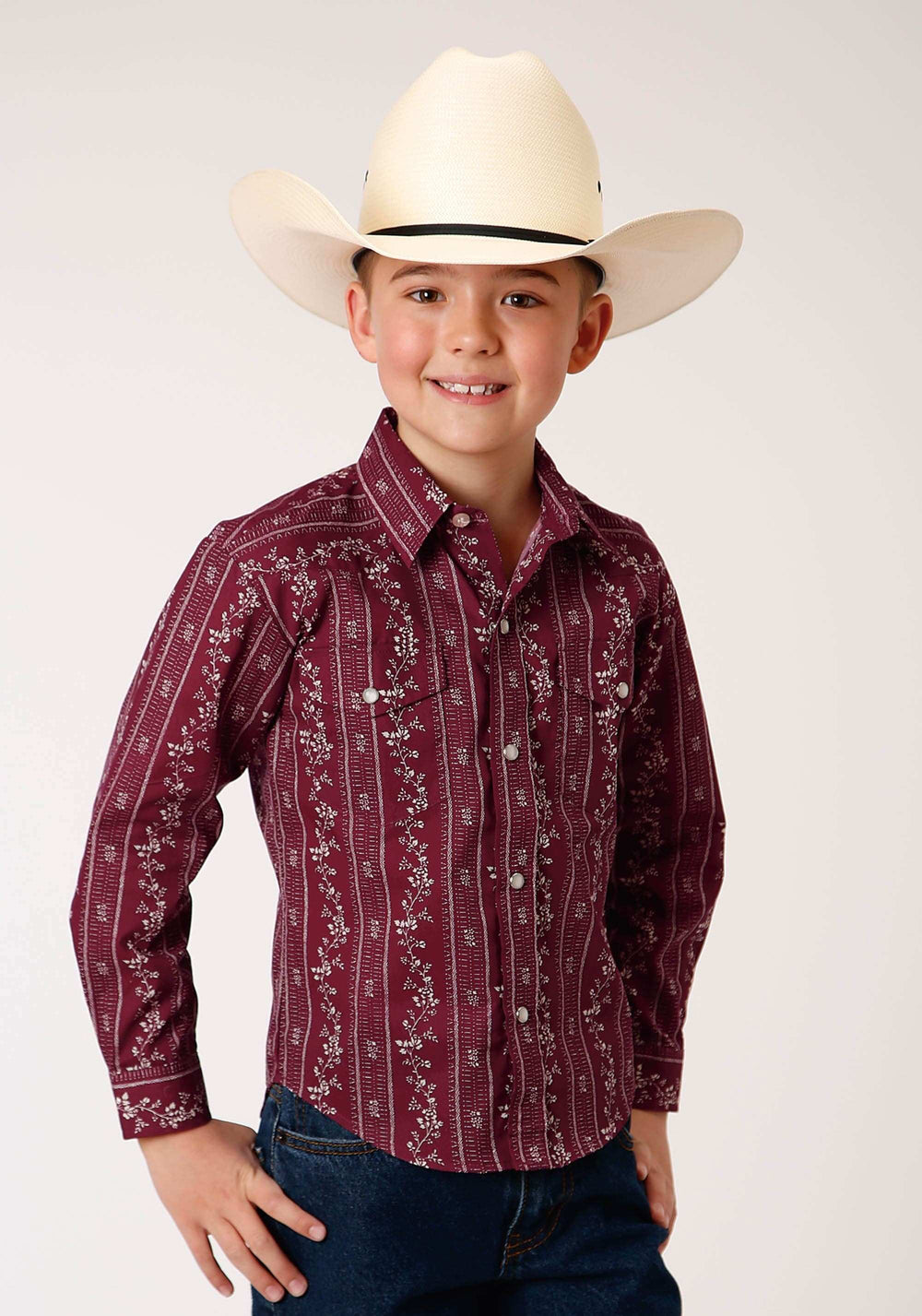 Roper Boys Long Sleeve Snap Brick Red And Cr Wallpaper Stripe Western Shirt - Roper - Flyclothing LLC